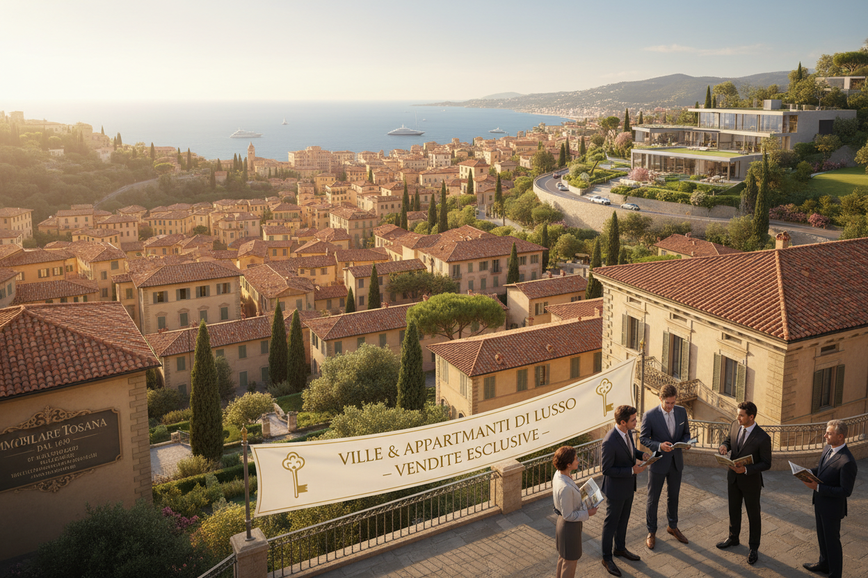 Un gruppo di professionisti in abito formale si trova su una terrazza panoramica che affaccia su una cittadina costiera mediterranea, con uno striscione che promuove la vendita di ville e appartamenti di lusso.